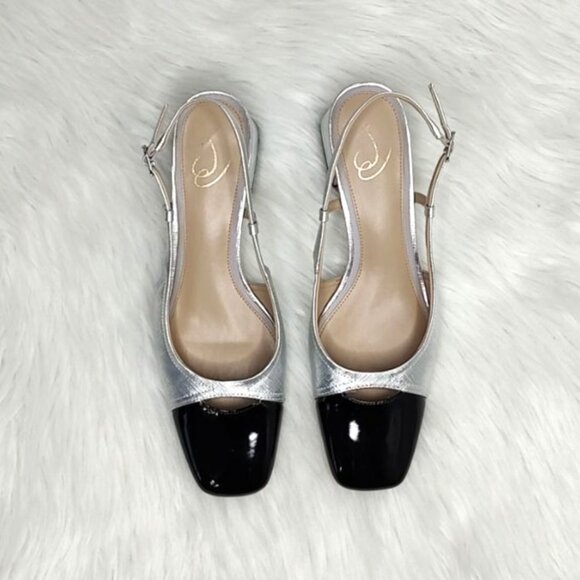 Sam Edelman Tarra Slingback Pump Heels Cap Toe Metallic Silver Black 9.5 - Picture 3 of 15